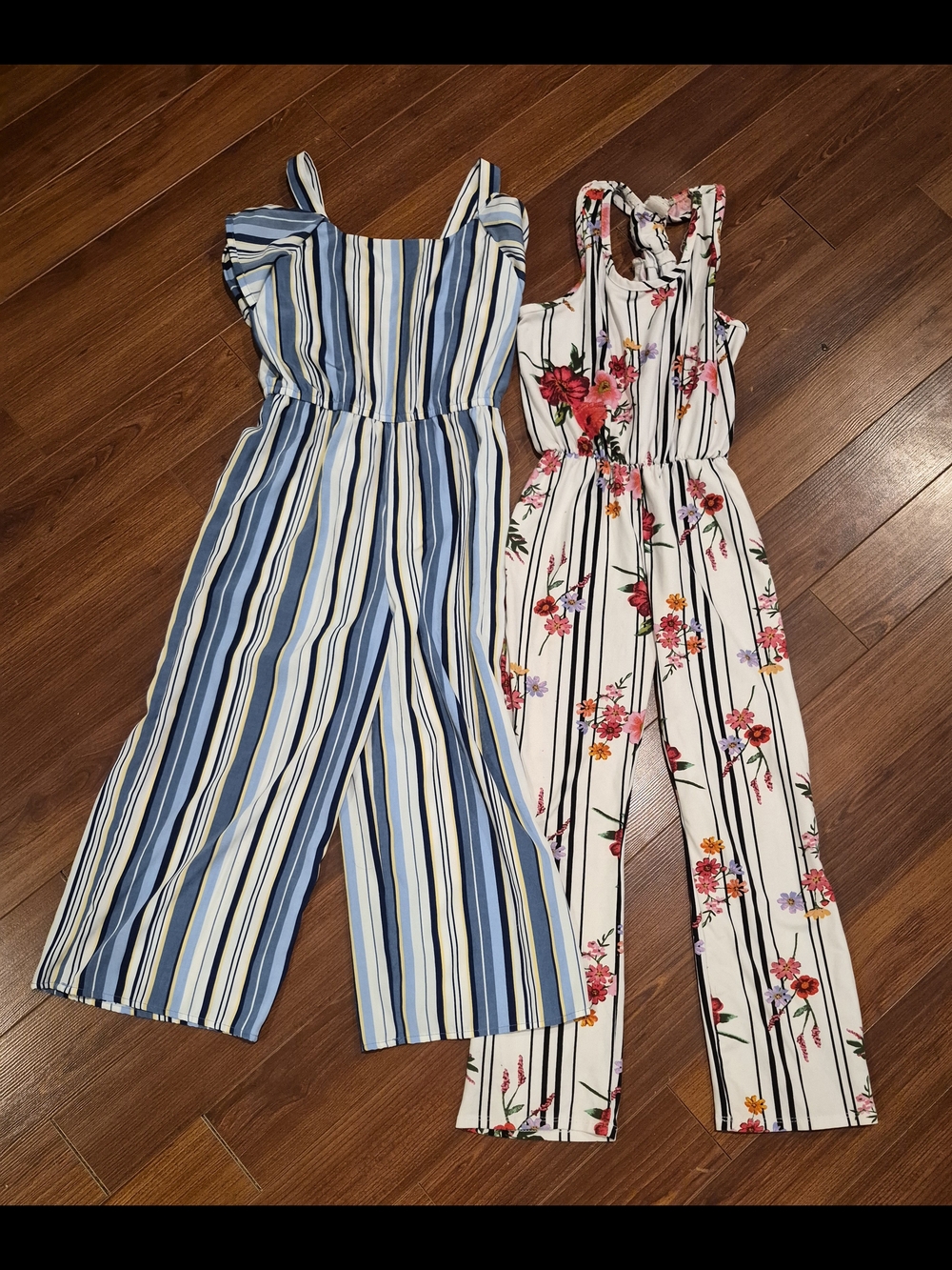 Girls Striped Blue Wide-Leg Jumpsuit And Floral White And Black Striped Jumpsuit
